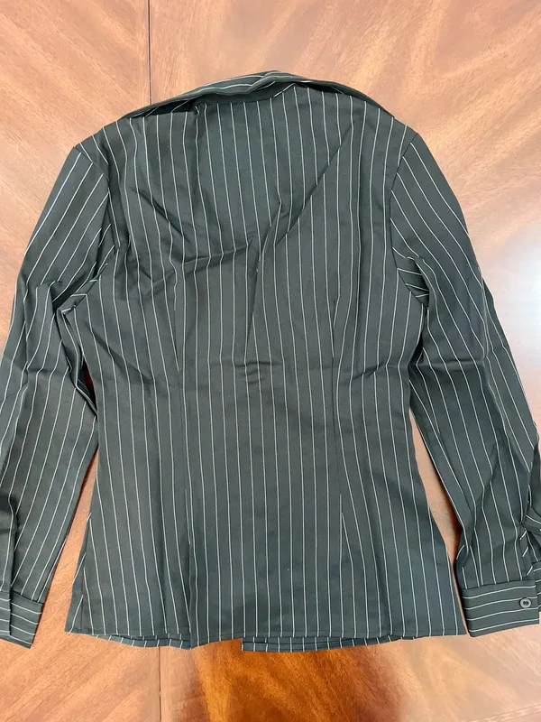 SHEIN Black Pinstripe Lace Trim Button-Up Blouse – Size Small - Image 5