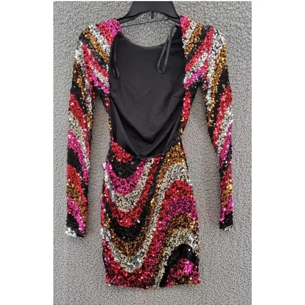 B DARLIN Sequined Low-Back Mini Dress Juniors XS Multi Crew‎ Neck Long Sleeve - Image 9