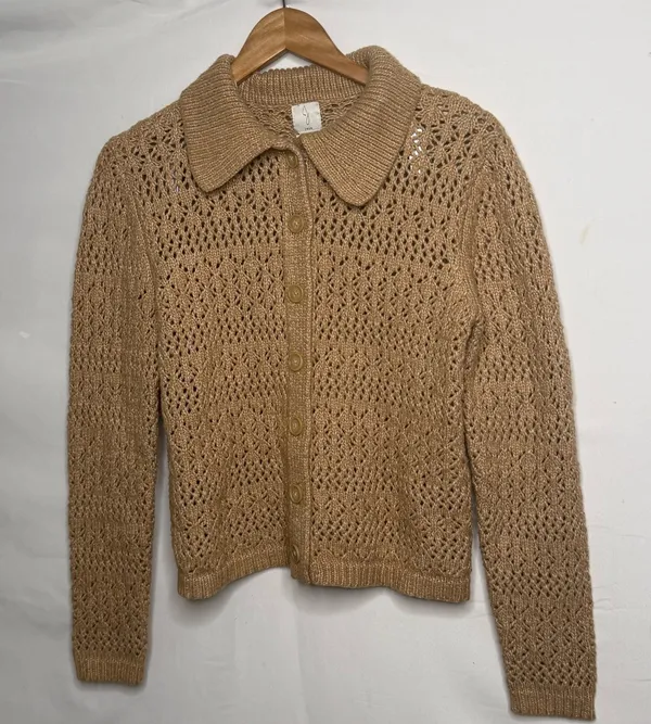 Joie tan knit button down knitted sweater cardigan w/ collar sz M - Image 2