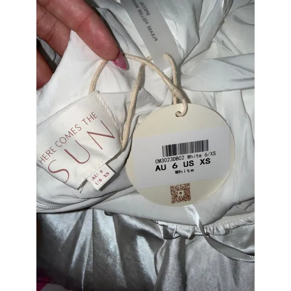 Here Comes the Sun White Satin NWT Ruffle Maxi Dress XS asymmetrical side slit Beach Wedding Chic - Image 7