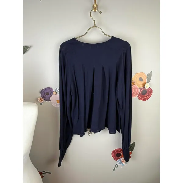 Free People Navy Textured Back Pleated Long Sleeve Blouse - Size - Large - Image 3