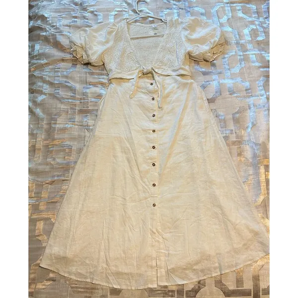 Source Unknown White Puff Sleeve Dress Halter Top Smocked Back Women's Large Tie Front Buttons - Image 3