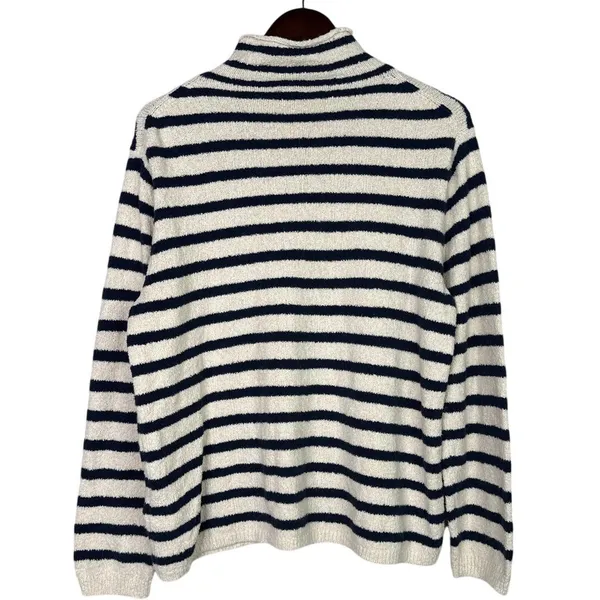 J. Crew Striped Knit Boucle Mock Neck Long Sleeve Sweater L Cream Navy Blue - Image 12