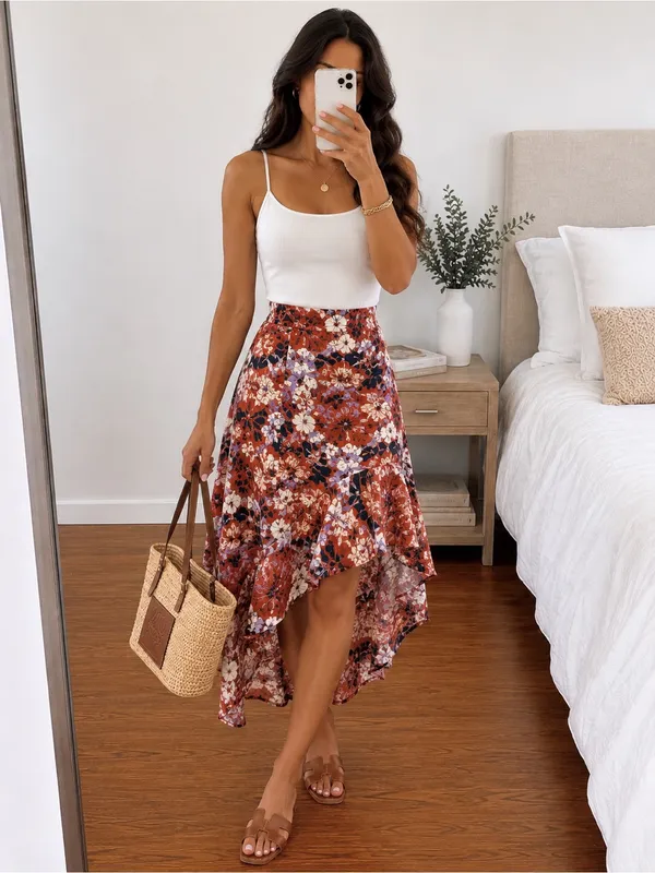 NWT Nine West Floral Asymmetrical Midi Skirt Women’s Large Rayon Ruffle Hem - Image 9