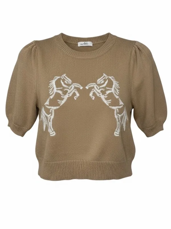 ABLE Marlee Horse Embroidered Puff Sleeve Sweater Beige Approx S NWOT - Image 3