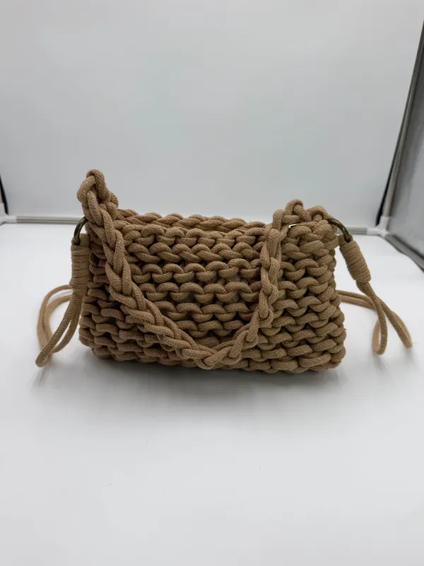 Sun N Sand Chunky Crochet Rope Shoulder Crossbody Bag Tan Boho Y2K - Image 4