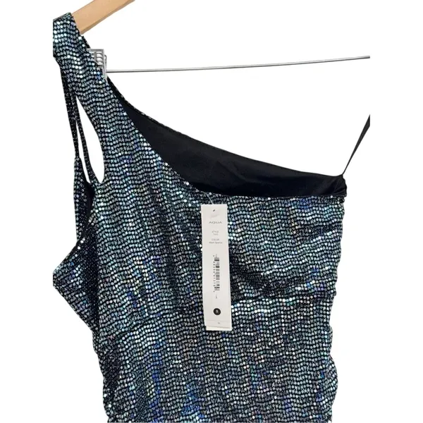 AQUA One Shoulder Sequin Ruched Bodycon Dress Black Sparkle Size Small NEW - Image 4