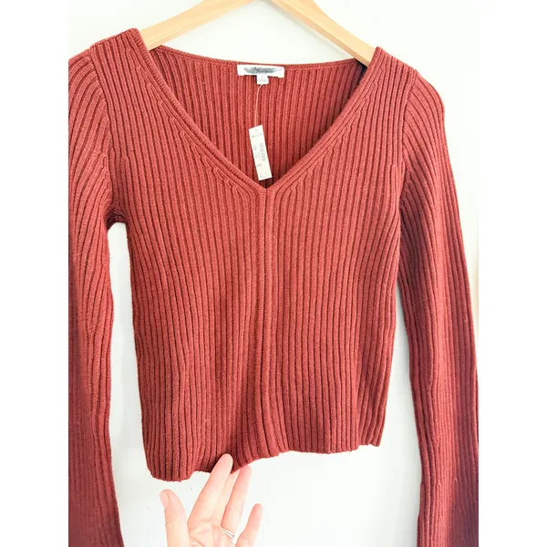 Madewell | NWT Merino Wool Ribbed V Neck Sweater Top Deep Rust | Sz S - Image 3