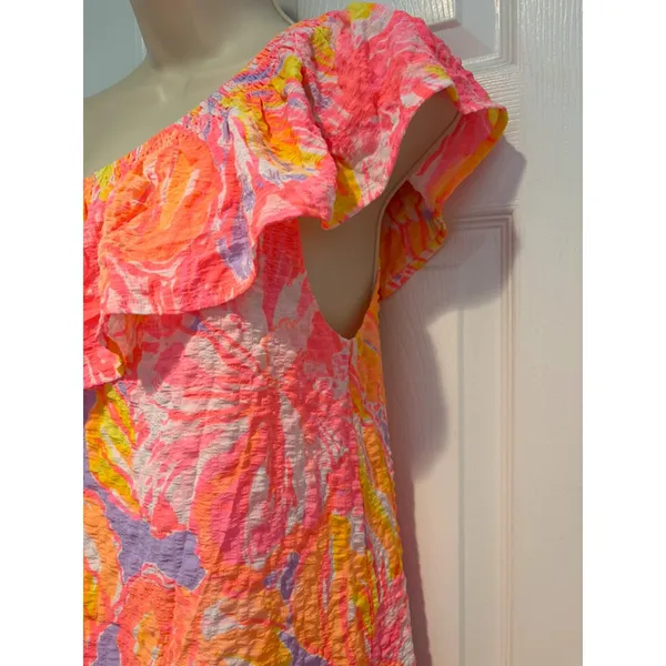 Lilly Pulitzer One Shoulder Ruffle‎ Dress Pink Neon Tropical Shift Small Coastal - Image 3