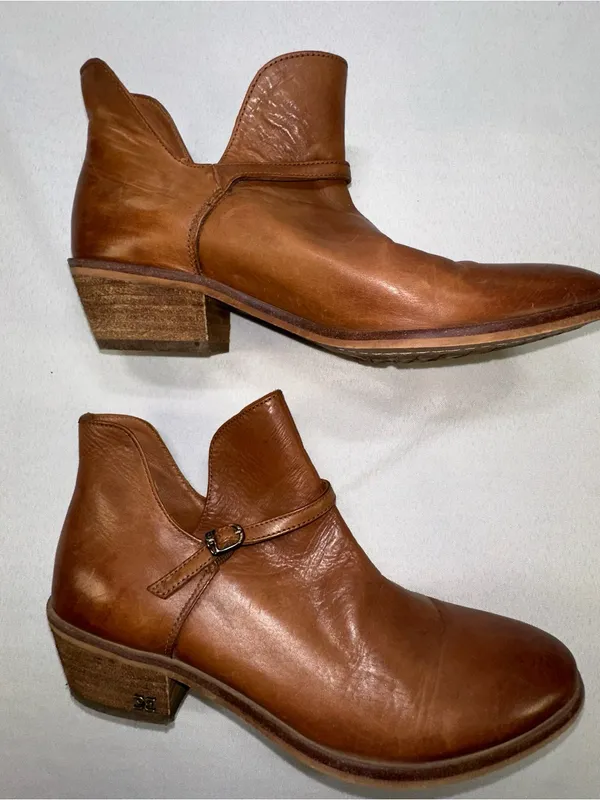 Sam Edelman Palmer Tan Leather Buckle Strap Ankle Boots Side Cutout 7.5M - Image 9