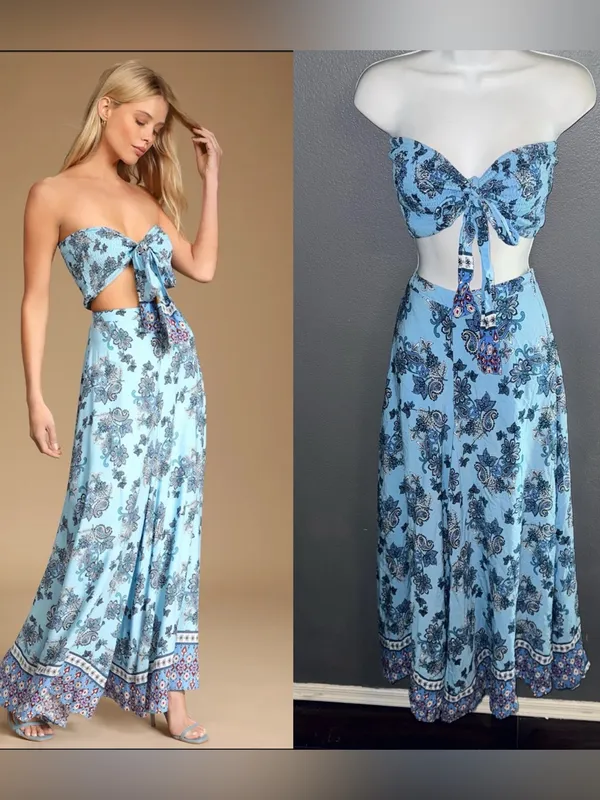 Lulus Women’s Strapless Matching Set Tube Top Bell Pants Blue Jumpsuit Medium - Image 2