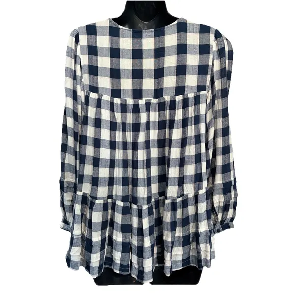 American Eagle Blue/White Plaid Buttons Tiered Long Sleeve‎ Size S Flowy Ruffles - Image 6