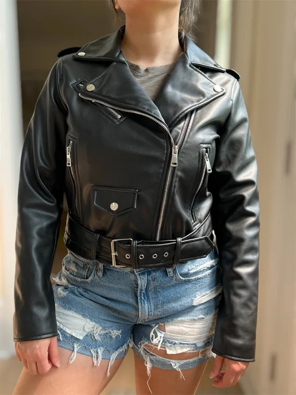 Zara Faux Leather Belted Biker Jacket M Black - Image 2