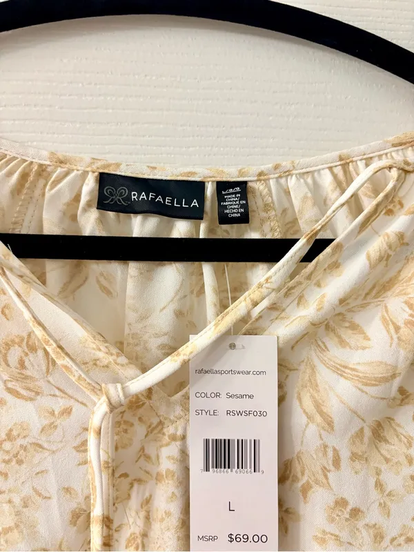 Rafaella Cream Floral Tie-Neck Women's Top size L NWT - Image 3