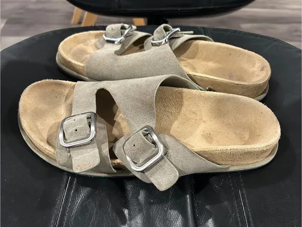 Zara Taupe Suede Double Buckle Slide Sandals - Image 4