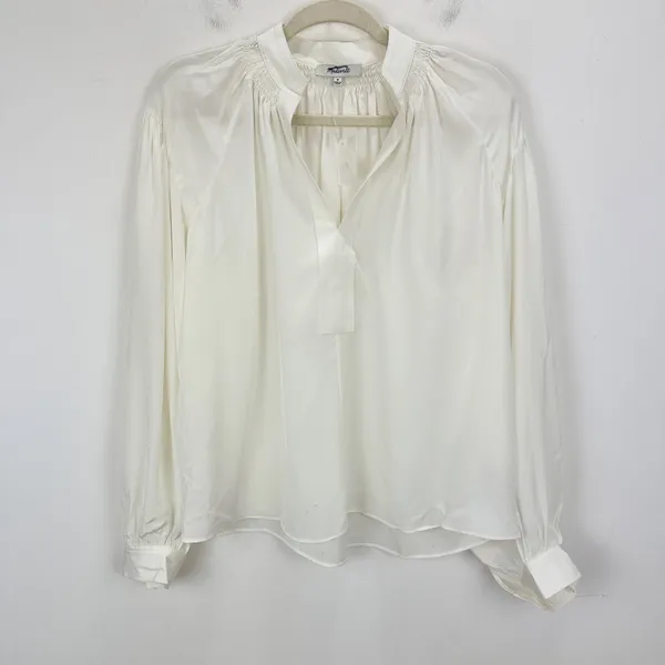 Madewell Shirred Long Sleeve Top Blouse Silk Lightweight Winter White Medium NWT - Image 6