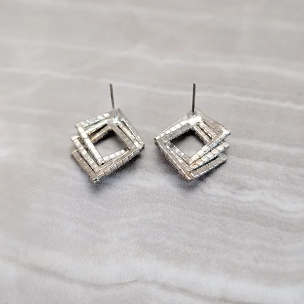 Vintage Stud Earrings Geometric Clear Gem Silver Tone - Fair Condition - Image 4