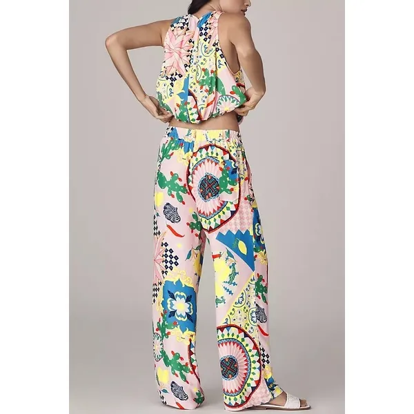 Anthropologie SET Pink Cactus Print Balloon Crop Top Wide‎ Leg Pants Set XS NWT - Image 3