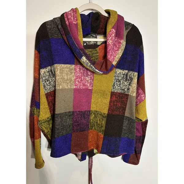 Ariella Sweater Multicolor Check~Lace Up Back~Cowl Neck Artsy Colorful Medium - Image 2