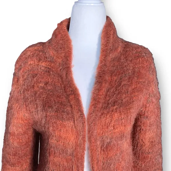 Vintage Knit Wool Blend Open Front Longline‎ Cardigan Sweater Orange Medium Cozy - Image 3