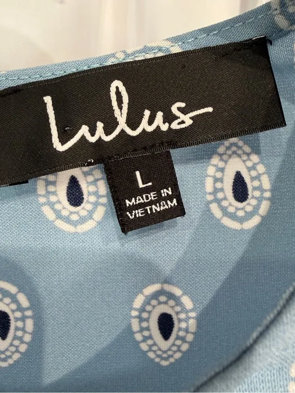 Lulus Women’s Secret Paradise Blue Print Shift Short Sleeve Mini Dress Size L - Image 5