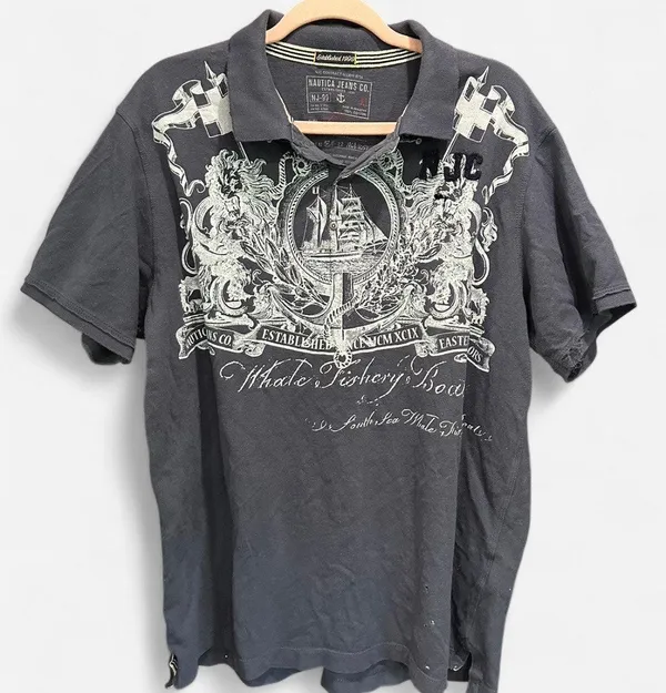 Y2K Nautica Tattoo Print 3D Distressed Oversized Short Sleeve Polo Shirt - Image 2