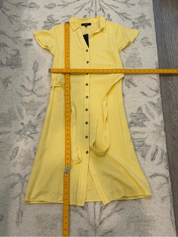 Lulus Yellow Linen Blend Button-Front Belted Midi Shirt Dress XS NWT - Image 10