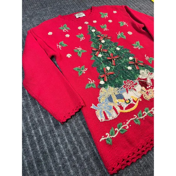 Vintage 90s Christmas Sweater TIARA Women L Red Tree Embroidered‎ Embellished - Image 10