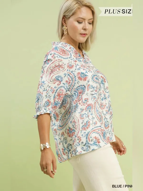 New! Umgee Plus Size Floral Paisley V-Neck Peasant Top - Blue/Pink Size X Large - Image 5