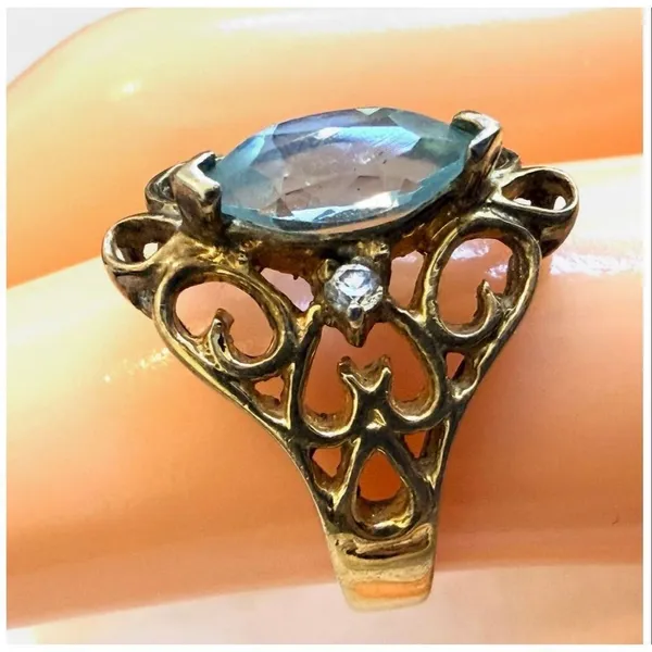 Vintage Sterling Silver Gold Vermeil Filigree Ring Blue Marquise Stone 925 Ring - Image 3