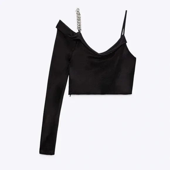 NWT Zara Woman Satin Effect Asymmetric Chain Top Black Top Size M Blogger Fave - Image 4