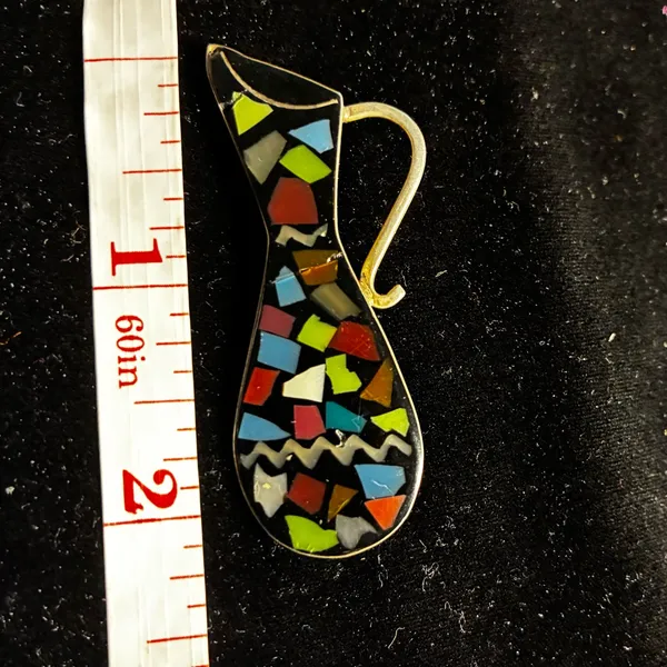 Modernist Sterling Silver Mosaic Inlay Jug Pitcher Pin Brooch Pendant - Image 3