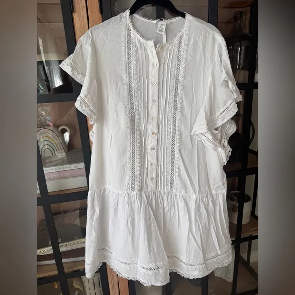 H&M mini dress lace embroidered pintuck ruffle short flutter sleeve ladder - Image 2
