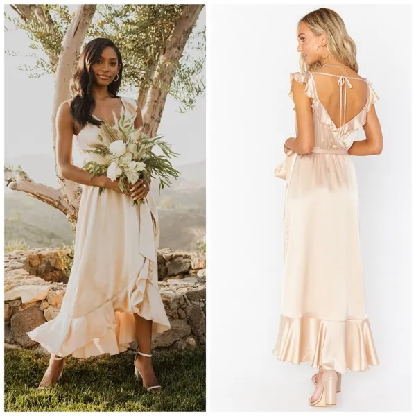 Show Me Your Mumu Samantha Ruffle Wrap Satin Midi Dress Champagne Small‎ - Image 2