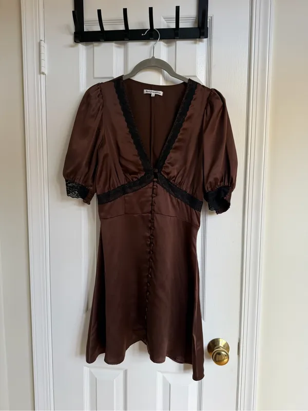 Reformation Brigitta Silk Dress Cafe Brown Mini Puff Sleeve Black Lace - Size 4 - Image 3
