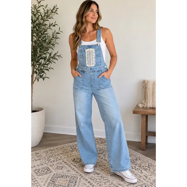 POL Light Wash Denim Overalls Size M Crochet Lace Wide Leg Boho - Image 2