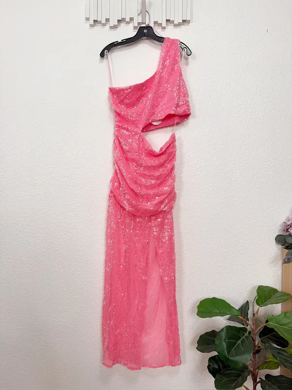 Luxxel NWT Barbie Pink Sequin One Shoulder Cutout Maxi Dress L - Image 6