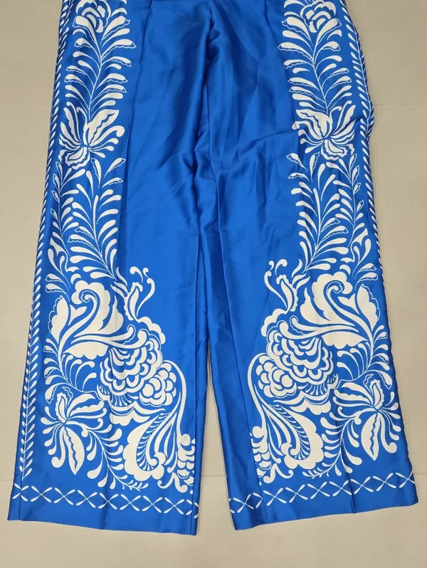 NWT! Zara Satin Floral Print High Waist Trousers Blue & White Size S - Image 5