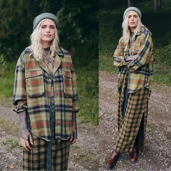 Free People Grunge 90s Flannel Plaid Izzie Cargo Shirt Jacket Shacket Medium - Image 7