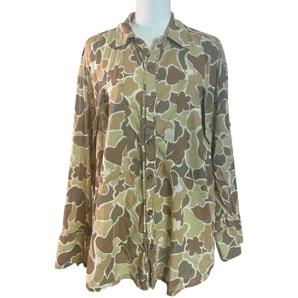 Free People Bohemian Camouflage Camo Oversized Hidden Valley Shirt Neutral Large - Image 5
