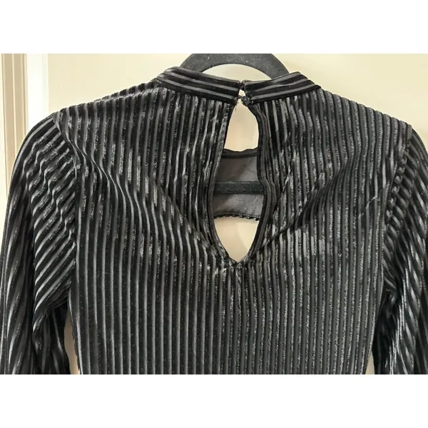 Lulus Black Cat Woman Cutout Padded Velour Striped Going Out Bodysuit Women's Sz - Image 4