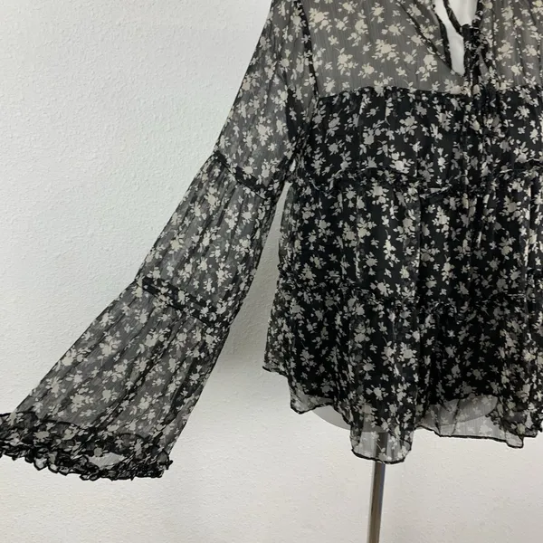 English Factory Blouse Small Black Gray Sheer Boho Long Sleeve Vintage - Image 4