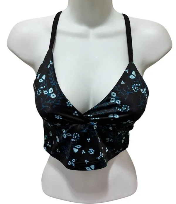 Beyond Yoga Lux Criss-Cross Cropped Yoga Tank Sz M Black Blue Floral Printed - Image 5