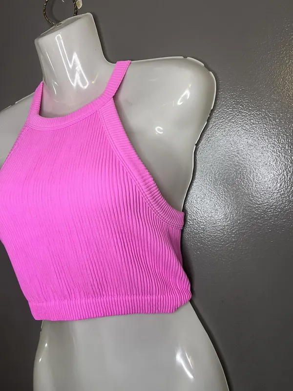 Aerie Sports Bra Womens Small Pink Ribbed Knit High Neck Racerback Cropped - Image 3