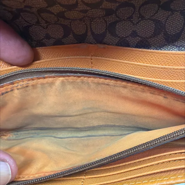 Coach Tan Pebbled Leather Signature Canvas Flap Wallet - Image 6