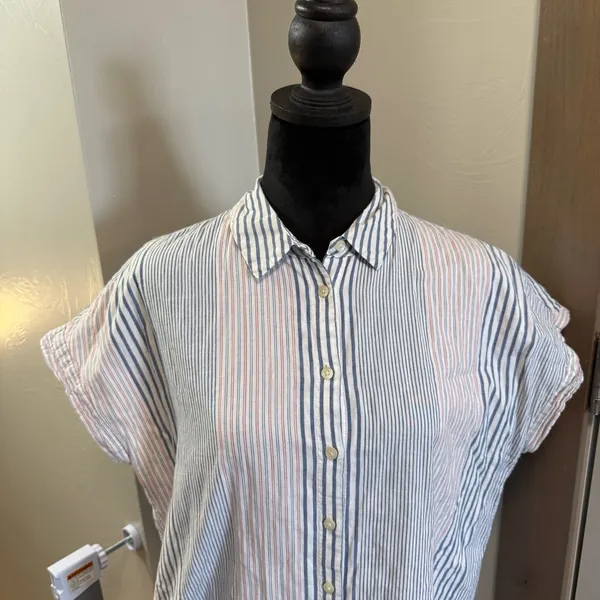 Madewell Button Down Longline Tunic Cap Sleeve Blouse Stripe Blue White‎ Red Top - Image 2