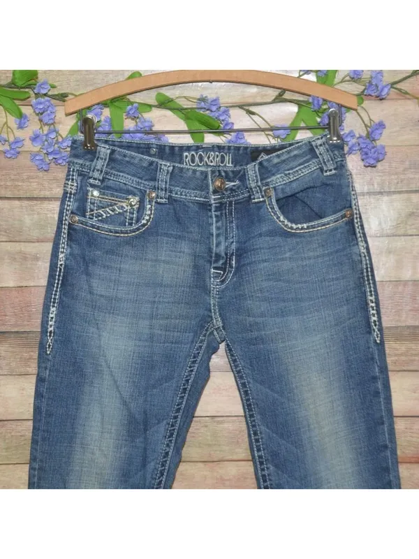 Rock Roll Cowgirl Bootcut Riding Western Jeans Womens 29x34 Embroidered Denim - Image 2