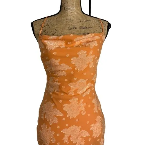 Hello Molly Drinks On Me Midi Dress‎ Orange Floral Jacquard Cowl Neck Size XS - Image 2