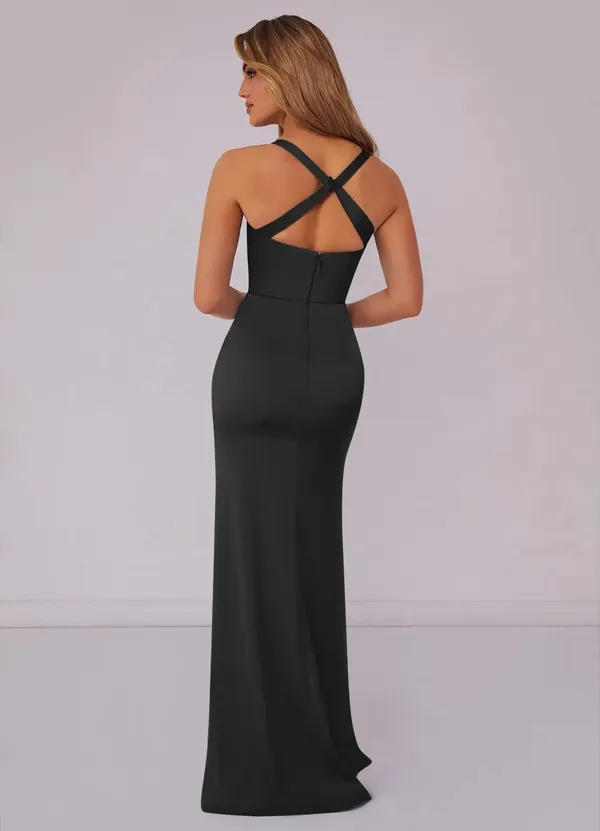 Azazie Barbie Black Mermaid Pleated Stretch Satin Dress - Image 2