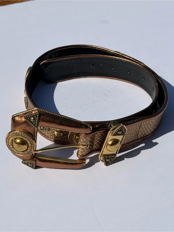 Vintage Western Snakeskin Print Studded Belt Bronze Gold Boho Size M - Image 10